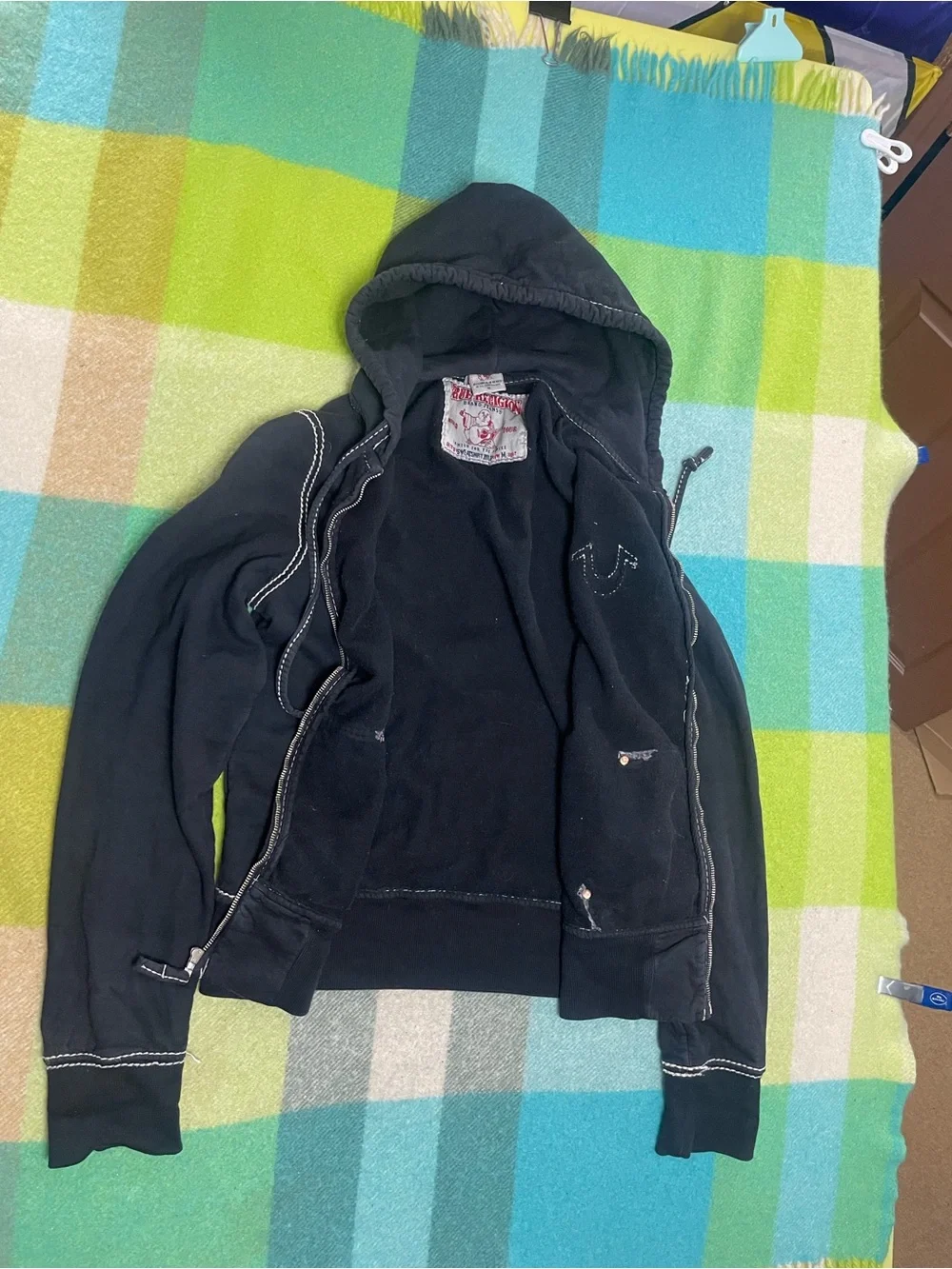 True Religion Big T Faded Black Double Stitch Horseshoe Full Zip Hoodie